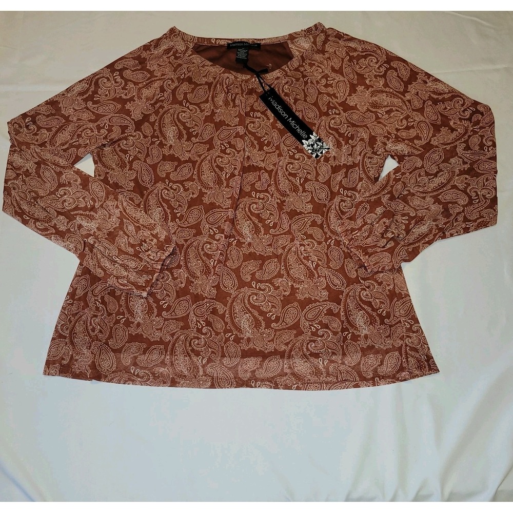 Madison Michelle Blouse Women Size XL Brown Sheer Lined  Cowl Neck Top NWT